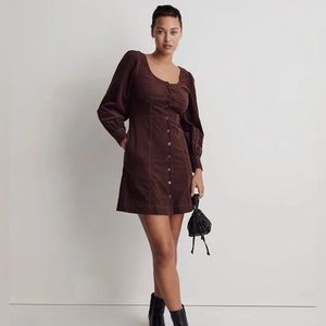 Corduroy Seamed Long-Sleeve Mini Dress